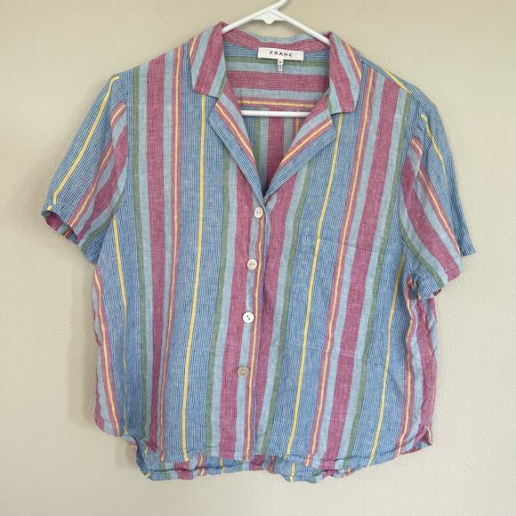 FRAME Striped Linen Button Down Short Sleeve Shirt (M) Pink Blue - Picture 1 of 6